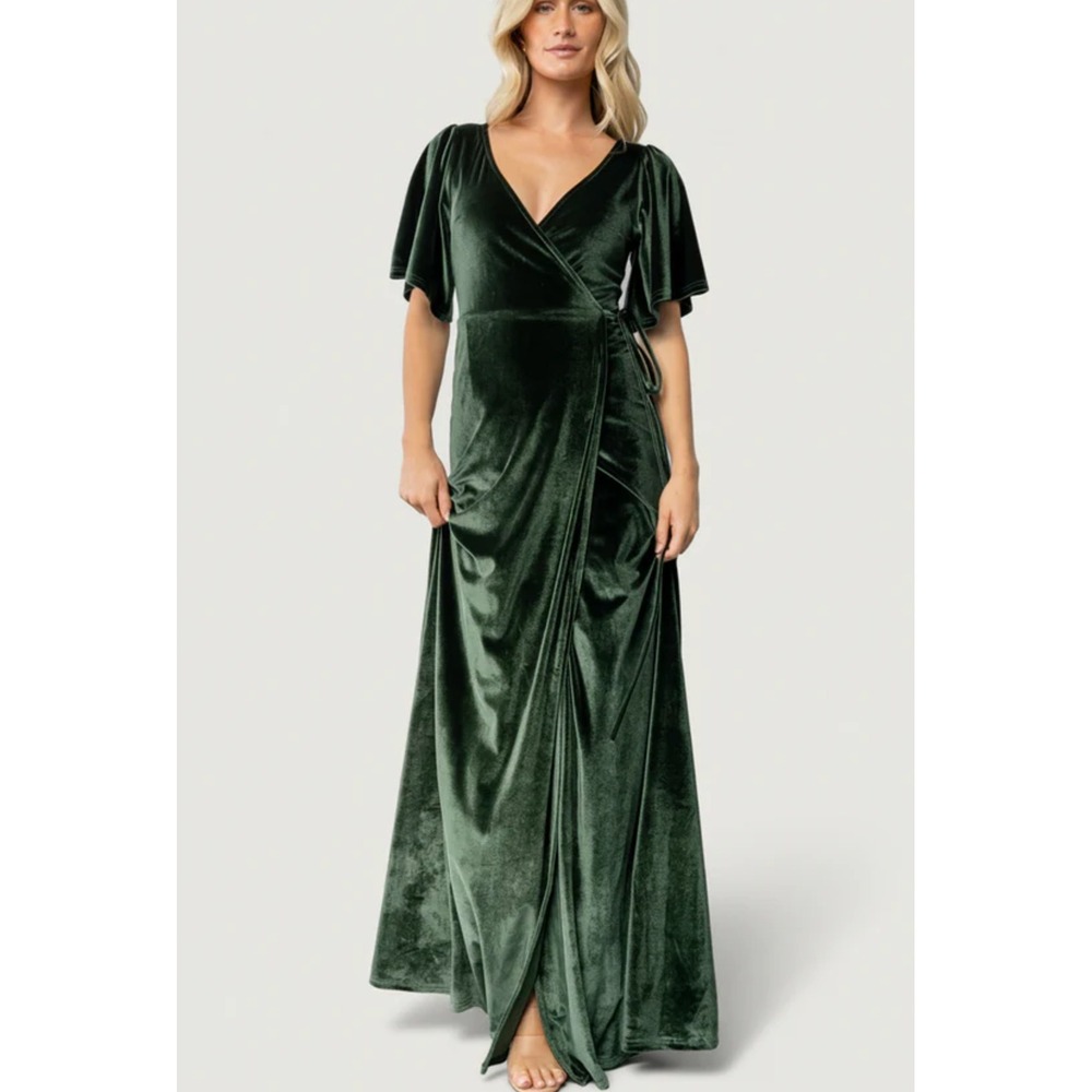 Baltic Born Meghan Velvet Wrap Maxi Dress Deep Green Short Sleeve Womens S